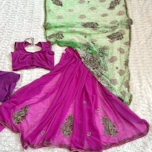 New Vibrant Pink and Green Traditional Outfit Saree with Stitched Blouse